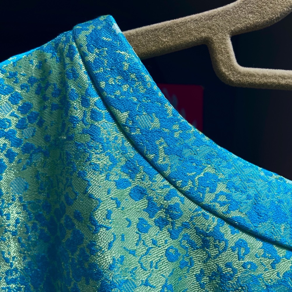 Ellie Tahari blue and green snake print cocktail dress